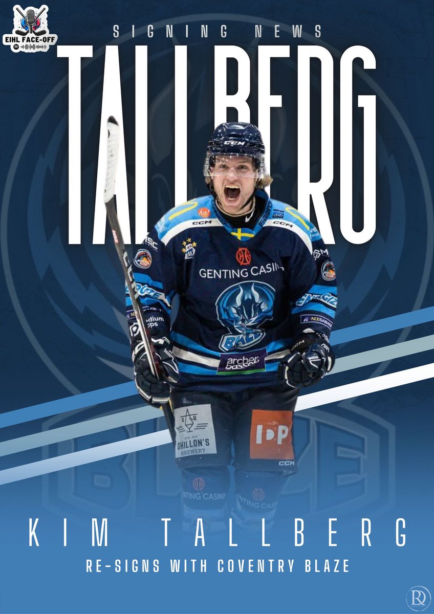 EIHLFaceOff's tweet image. 📰SIGNING NEWS📰

Kim Tallberg re-signs for another year with @covblazehockey 

Stats across all @officialEIHL competitions last season: 

64 Games Played
41 Points
12 Goals
29 Assists
+/- -1

How are we feeling about the news? #BlazeFans