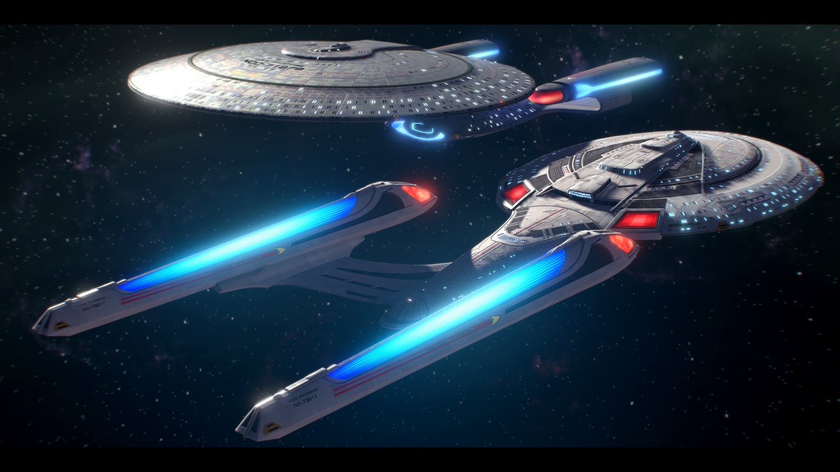 startrek_ships's tweet image. LIKE SHIPS THAT PASS IN THE NIGHT: #GalaxyClass &amp;amp; #SovereignClass by @Chris_Kabigting on 𝕏.

The previous image featuring the 32nd- and 24th-century Intrepid-class ships was also created by [@]Chris_Kabigting.