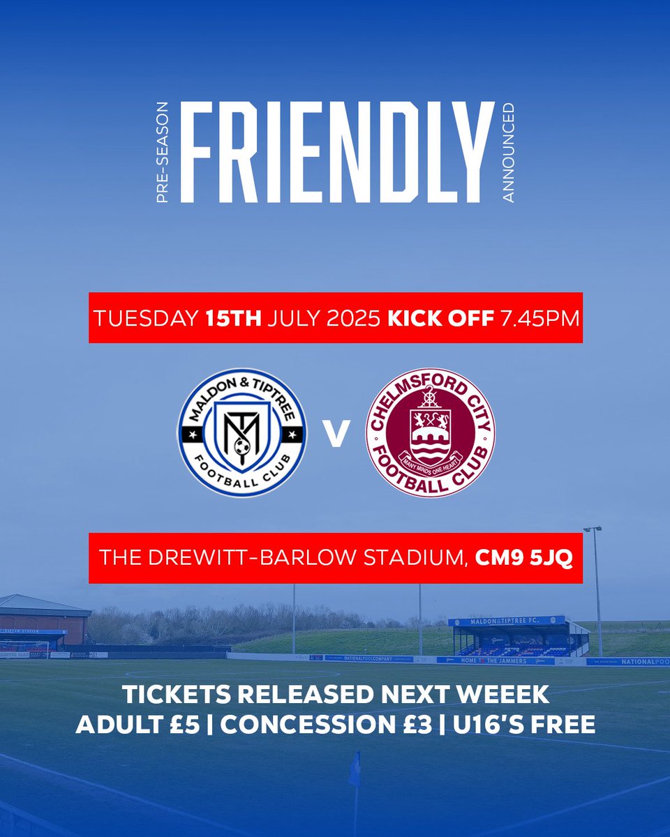 FIRST PRE-SEASON FIXTURE CONFIRMED ✅ 

We can confirm that during our pre-season schedule we will welcome <a href="/OfficialClarets/">Chelmsford City FC</a> to The Drewitt-Barlow stadium on the 15th July, kick off 7:45PM ⏰ 

Tickets will be available on our club website next week 🎟️
