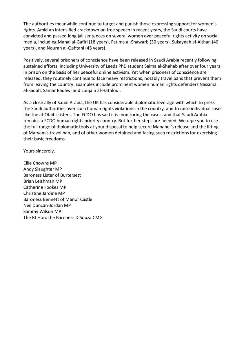 I have written to the Foreign Secretary to urgent him to take stronger action again Saudi Arabia for their repeated infringement of women’s fundamental human rights. People should always be able to freely express their support for women’s right.