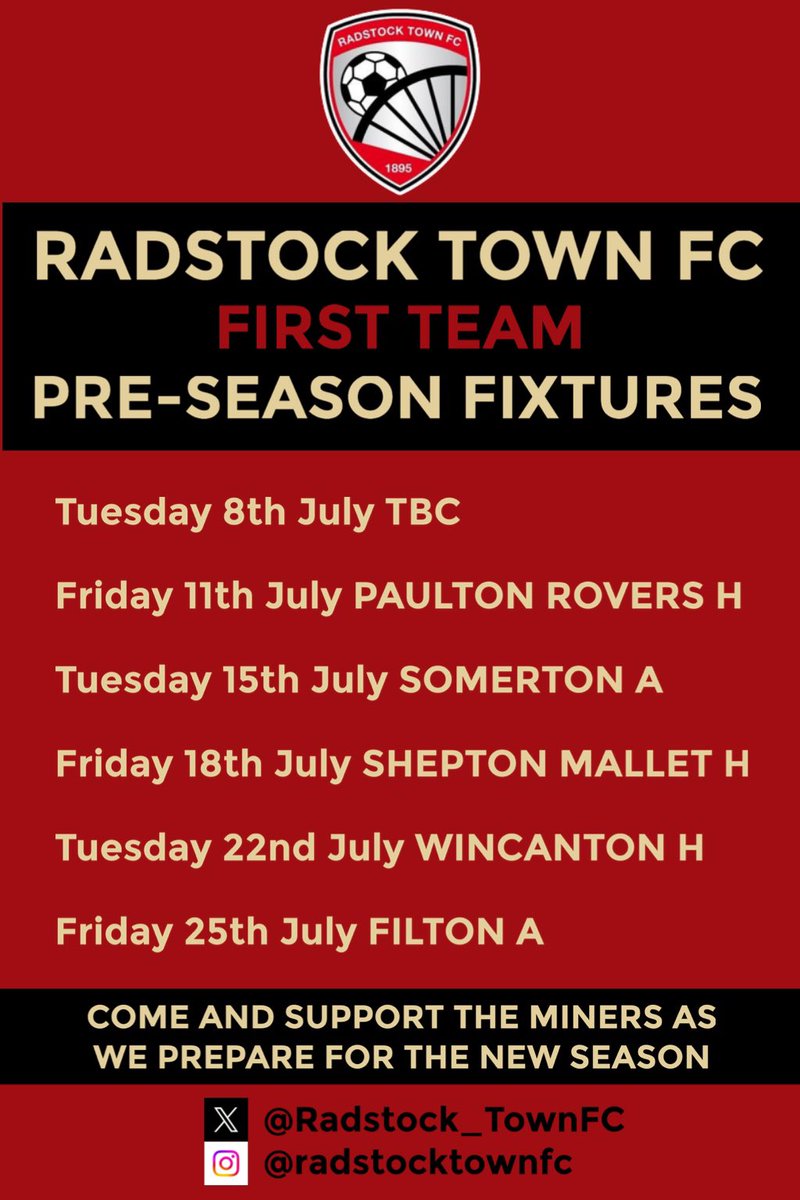 Radstock Town FC (@radstock_townfc) on Twitter photo Our preparations for next season are well underway with a challenging Pre-Season schedule against <a href="/PaultonRoversFC/">Paulton Rovers</a> <a href="/somertontownfc/">Somerton Town FC.โซ๏ธโฌ๏ธโซ๏ธ</a> <a href="/Mallet_AFC/">Shepton Mallet AFC</a> <a href="/WincantontownFC/">Wincanton Town FC</a> <a href="/FiltonAthletic/">Filton Athletic FC</a>
We still require an away fixture on Tuesday 8th July - Please contact us if available.
<a href="/swsportsnews/">South West Sports News</a> Our preparations for next season are well underway with a challenging Pre-Season schedule against <a href="/PaultonRoversFC/">Paulton Rovers</a> <a href="/somertontownfc/">Somerton Town FC.โซ๏ธโฌ๏ธโซ๏ธ</a> <a href="/Mallet_AFC/">Shepton Mallet AFC</a> <a href="/WincantontownFC/">Wincanton Town FC</a> <a href="/FiltonAthletic/">Filton Athletic FC</a>
We still require an away fixture on Tuesday 8th July - Please contact us if available.
<a href="/swsportsnews/">South West Sports News</a>