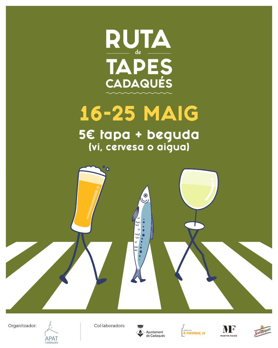 🍽️ Ruta de Tapes 2025

Una festa gastronòmica amb la participació de 22 establiments del poble.

🗓️ De divendres 16 a dissabte 25 de maig
💰 5€ Tapa + beguda (vi, cervesa o aigua)

🕓 Horaris: rutadetapescadaques.com

No t’ho perdis!✨