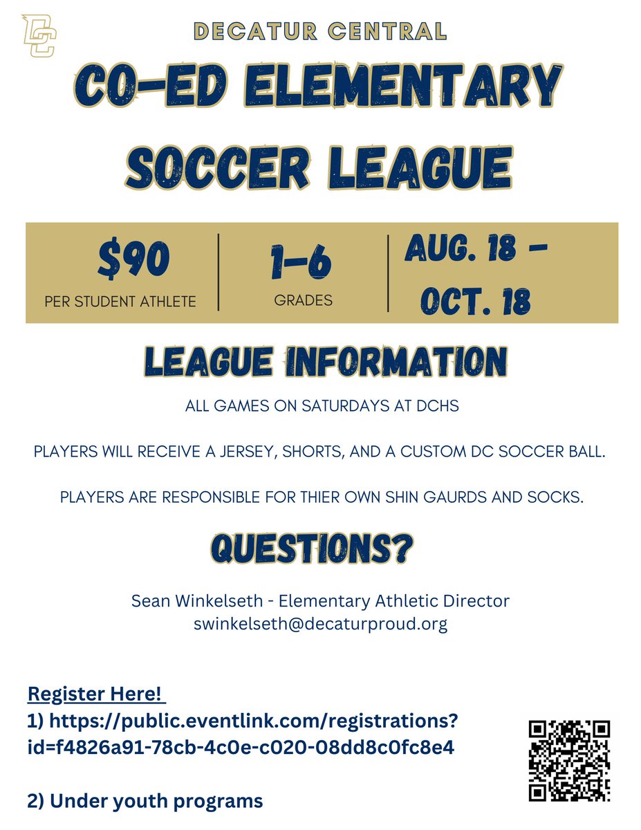 DC Elementary Athletics (@dc_eleathletics) on Twitter photo Registration is now open for the 2025 Elementary Soccer League! Grades: 1st-6th / Co-Ed Price: $90 See the flyer for more information!
<a href="/DCHS_Athletics/">DCHS Athletics</a>
<a href="/MSDDecatur/">MSD Decatur</a>
<a href="/DCHSHawksSoccer/">Decatur Central Boys Soccer</a>
public.eventlink.com/registrations?… Registration is now open for the 2025 Elementary Soccer League! Grades: 1st-6th / Co-Ed Price: $90 See the flyer for more information!
<a href="/DCHS_Athletics/">DCHS Athletics</a>
<a href="/MSDDecatur/">MSD Decatur</a>
<a href="/DCHSHawksSoccer/">Decatur Central Boys Soccer</a>
public.eventlink.com/registrations?…