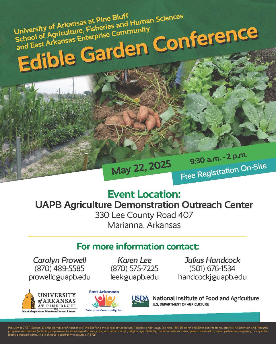 Mark your calendars! The Annual Edible Gardens Conference is scheduled for Thursday, May 22, at the #UAPB Agriculture Demonstration Outreach Center (ADOC) in Marianna, Arkansas. The conference gets underway at 9:30 a.m. and will end at 2 p.m.
#Gardening #Agriculture #Arkansas