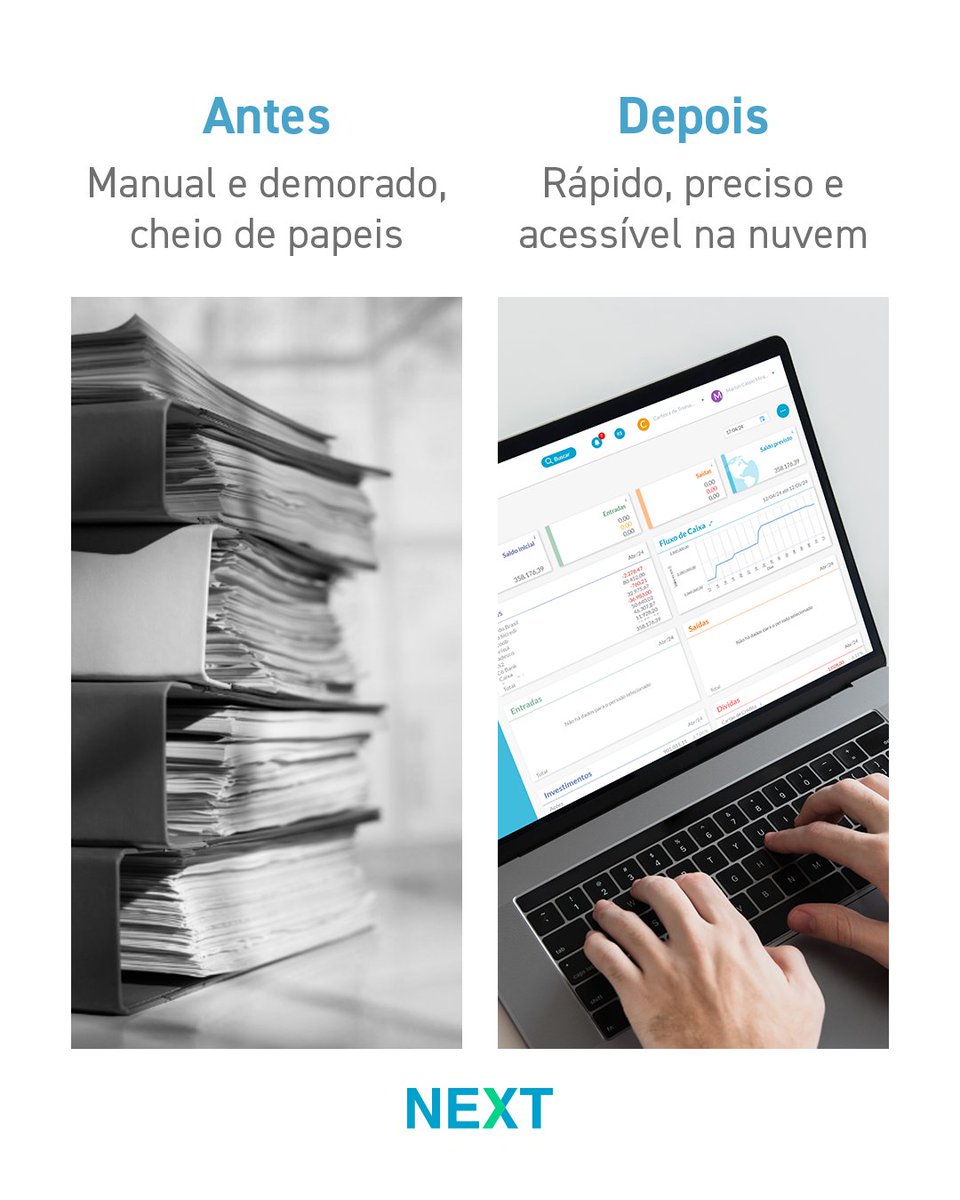 paivapiovesan's tweet photo. Antes: pilhas de papel, horas perdidas e erros manuais.
Depois: tudo organizado, acessível e seguro, direto da nuvem.

Dê o NEXT na sua gestão financeira! → https://t.co/gVbu1EkZQV https://t.co/yFZSXvGjeb