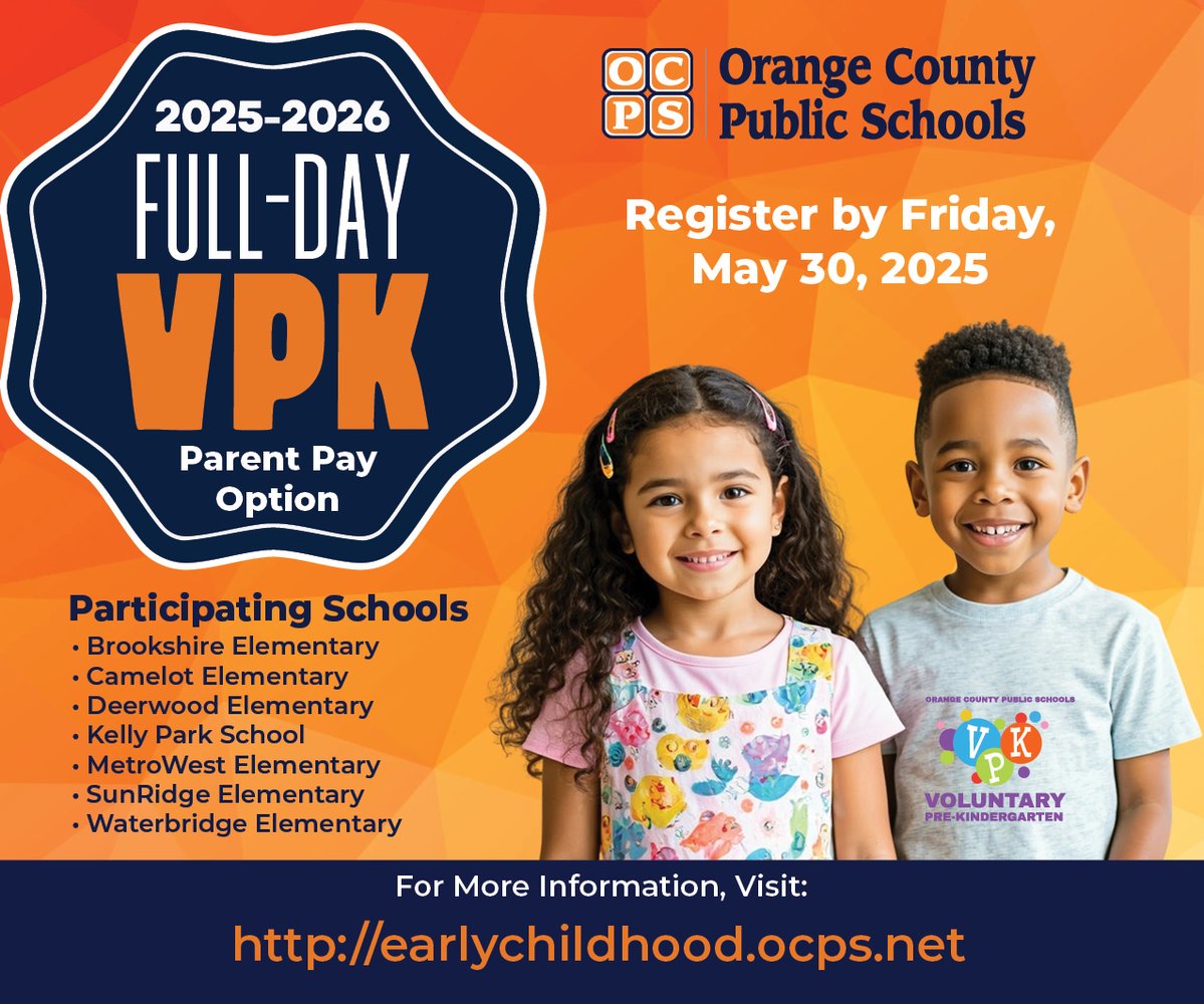 DON'T MISS OUT! Full-day VPK registration for the 2025-2026 school year closes on Friday, May 30! This is a great opportunity for your child to gain essential skills and development that support kindergarten readiness. 

Register at  earlychildhood.ocps.net