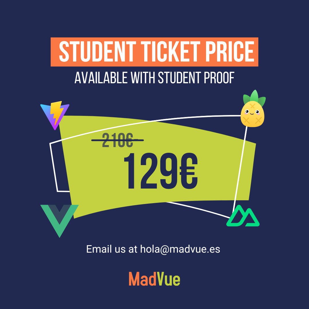 madvue_es's tweet image. 🎓 Are you a dev student and want to learn more about @vuejs? We’ve got something for you!

Get your MadVue ticket with a special discount! 🙌  Only 129€!

Just email us and we’ll send you your special student discount 🎟️

Join us! 👉 hola@madvue.es

#devstudent #developers