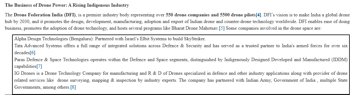 ANI's tweet photo. The Business of Drone Power: A Rising Indigenous Industry-

The Drone Federation India (DFI), is a premier industry body representing over 550 drone companies and 5500 drone pilots. DFI’s vision is to make India a global drone hub by 2030, and it promotes the design, development, manufacturing, adoption and export of Indian drone and counter-drone technology worldwide. DFI enables ease of doing business, promotes the adoption of drone technology, and hosts several programs like Bharat Drone Mahotsav.