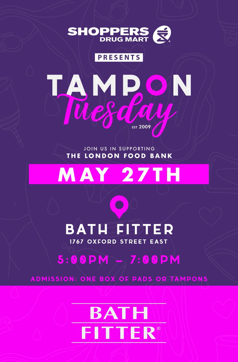 Friends, we hope you’ll join us for this great event at Bathfitter.  Kelly Morgan from ⁦<a href="/cmha_tv/">CMHA TVAMHS</a>⁩ will be there to tell us about upcoming events like ⁦<a href="/ShopprsDrugMart/">Shoppers Drug Mart</a>⁩ ⁦<a href="/RunForWomen/">Run for Women</a>.⁩ Admission: pads or tampons for ⁦<a href="/LondonFoodBank1/">London Food Bank 🥫🍎🍞🥚</a>⁩ #ldnont
