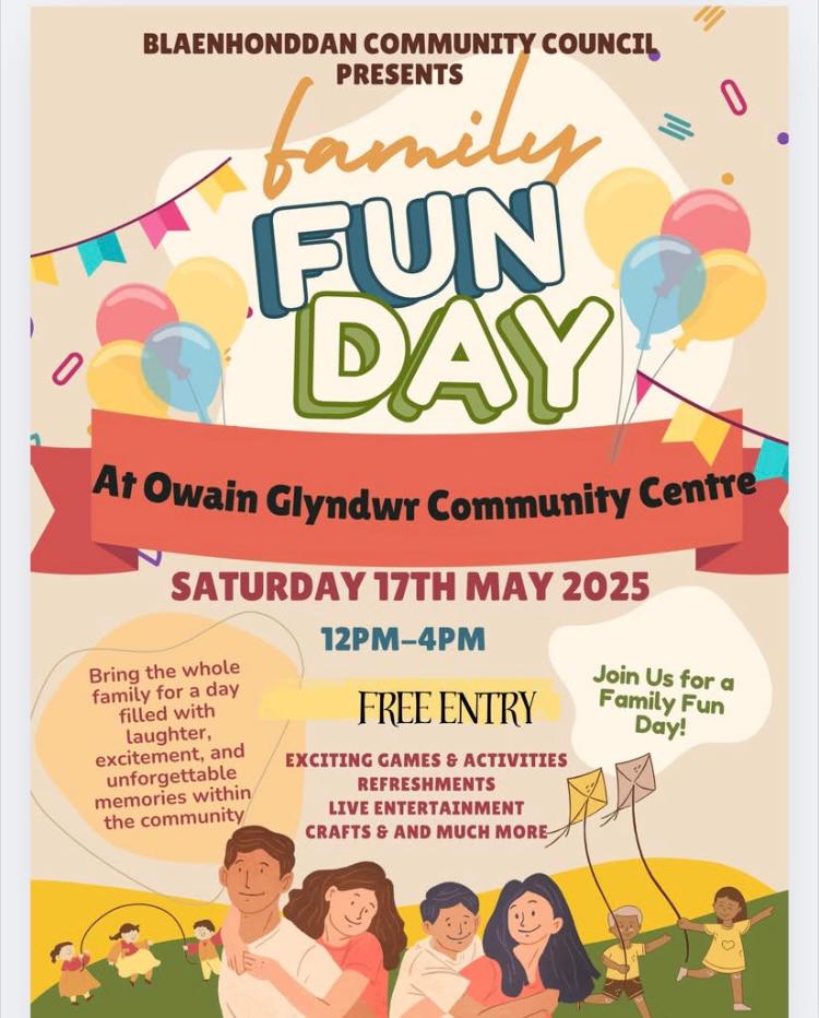 We will be at Owain Glyndwr Community Centre on Saturday the 17th of May for Blaenhonddan Community Council's Family Fun Day!

Entry is FREE, we look forward to seeing you there 📷