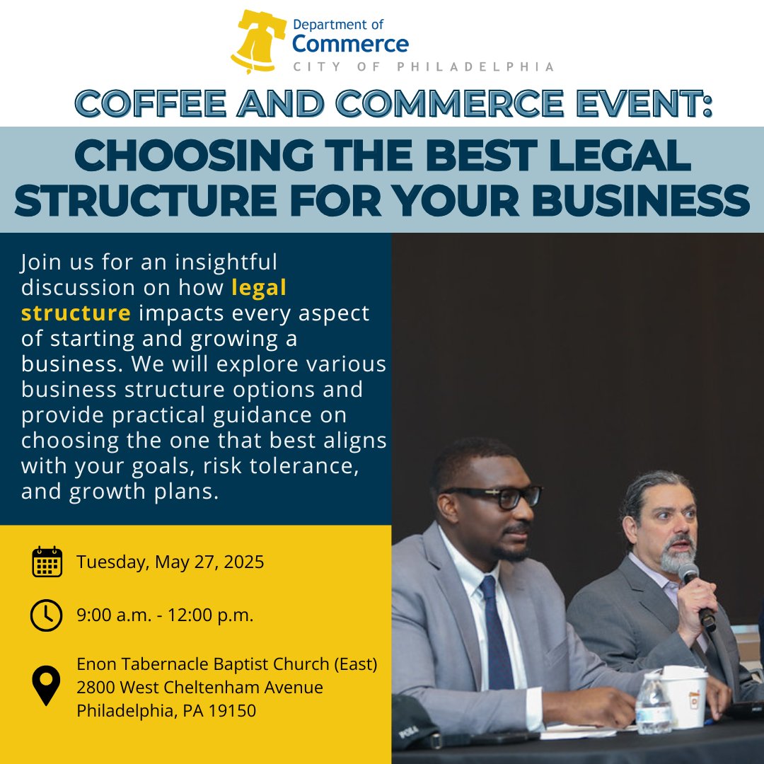 Philly entrepreneurs! 👏 Join us on Tuesday, May 27 to learn about legal business structures and hear practical guidance on how to choose the one that best aligns with your goals, risk tolerance, and growth plans.

Register now: bit.ly/450G1JE