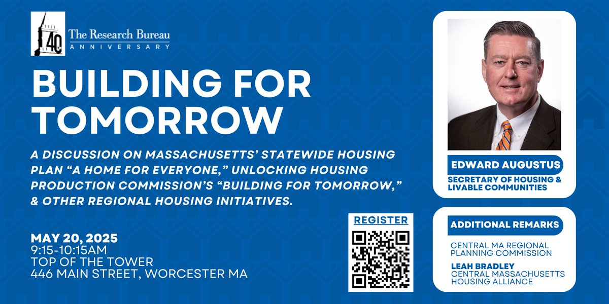 Join us on May 20, 9:15AM, Top of the Tower, for a discussion on MA's Statewide Housing Plan, Unlocking Housing Production Commission's "Building for Tomorrow" recommendations, &amp; other regional housing efforts.

Register Now: wrrb.org/events/2025/05… #WorcPoli