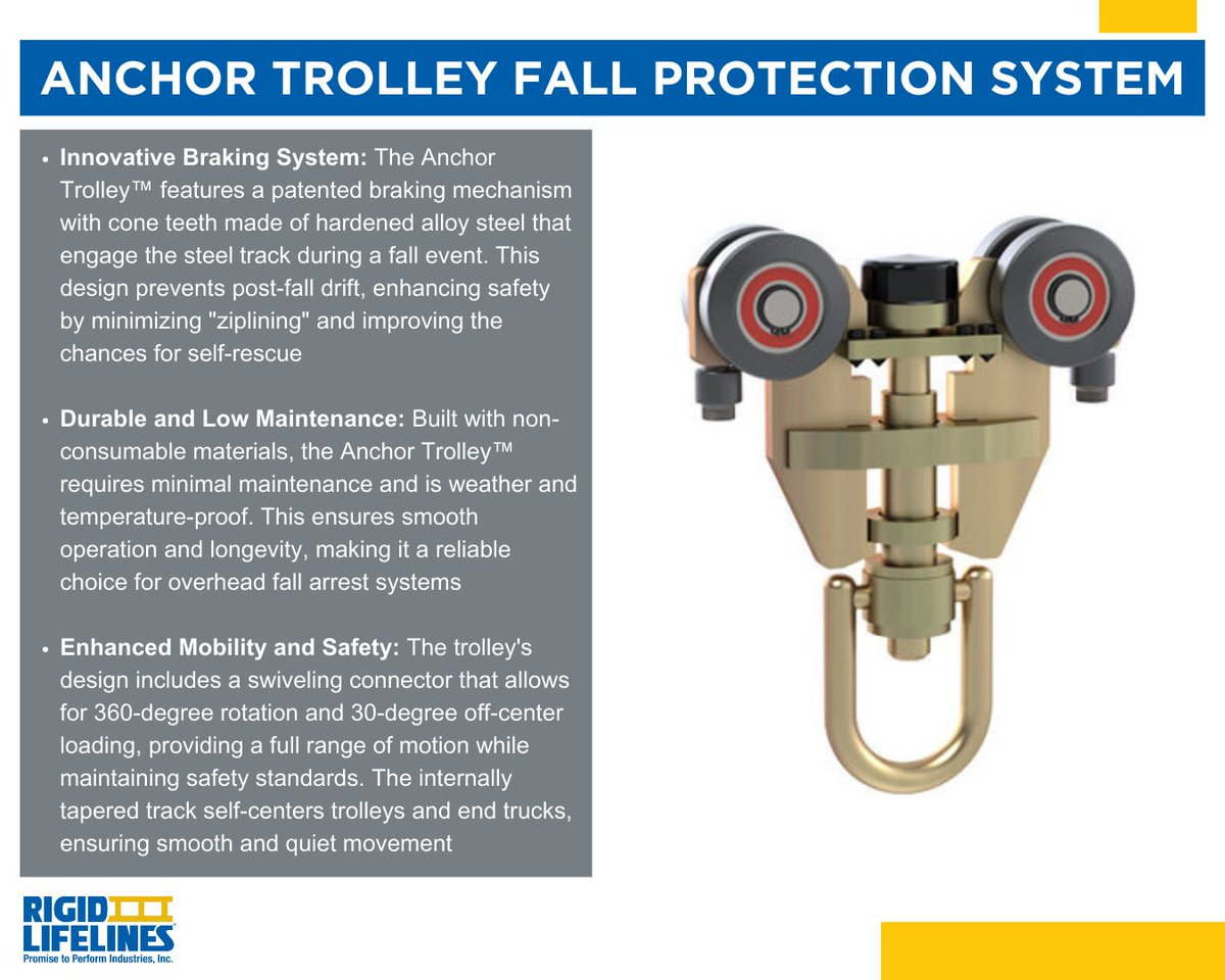 Rigid_Lifelines's tweet photo. Something that makes Rigid Lifelines Fall arrest systems unique is our  Anchor Trolley™. With its patented braking system and durable, low-maintenance design, it ensures maximum safety and smooth operation for overhead fall arrest systems.  #rigidlifelines #fallprotection https://t.co/evYb7YWBWk