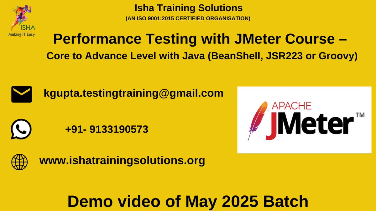 IshaKumargupta's tweet image. Performance Testing with JMeter Course -Demo Video
youtu.be/lqMxKyoMxc0
Enrolments are still in progress
Regular sessions will start from:
15thMay@7:30AM(IST)/14thMay@10PM(EST)
Price: 8,900 INR/109USD
call@+91-9133190573
ishatrainingsolutions.org/courses/jmeter…
#ApacheJMeter #JMeterTesting