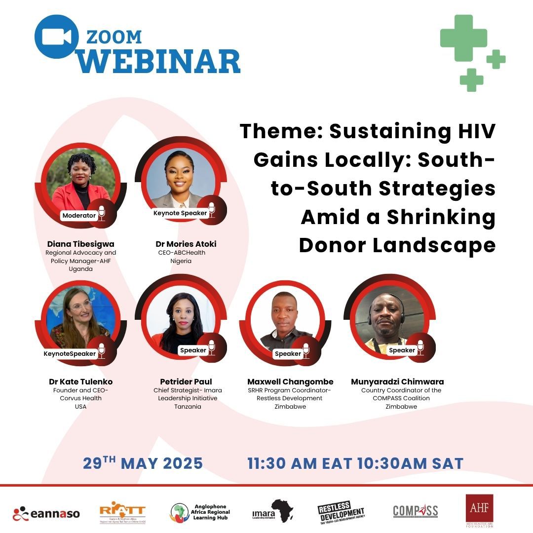 Join us on 29 May 2025 at 11:30 AM EAT for a vital conversation on “Sustaining HIV Gains Locally: South-to-South Strategies Amid a Shrinking Donor Landscape.” We want to hear your experiences and country perspectives! Use this link and save your seat: 📷 shorturl.at/X6eTr