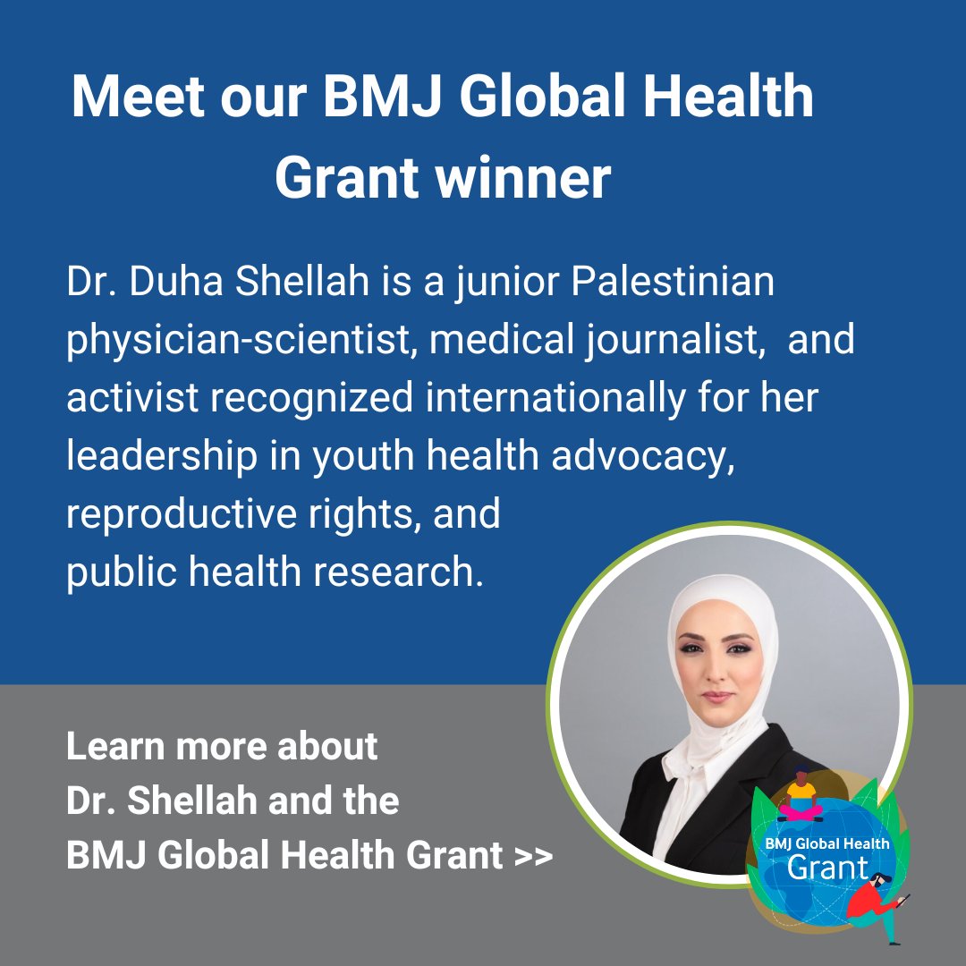 BMJ Global Health (@globalhealthbmj) on Twitter photo Since 2019, the BMJ Global Health Grant has recognised rising talent in #globalhealth. Our partnership with @EV4GH helps us to support a young health-systems researcher through their learning & peer support programme. Meet our latest winner: bit.ly/3S3TiJN <a href="/DuhaShellah/">Duha Shellah</a> Since 2019, the BMJ Global Health Grant has recognised rising talent in #globalhealth. Our partnership with @EV4GH helps us to support a young health-systems researcher through their learning & peer support programme. Meet our latest winner: bit.ly/3S3TiJN <a href="/DuhaShellah/">Duha Shellah</a>