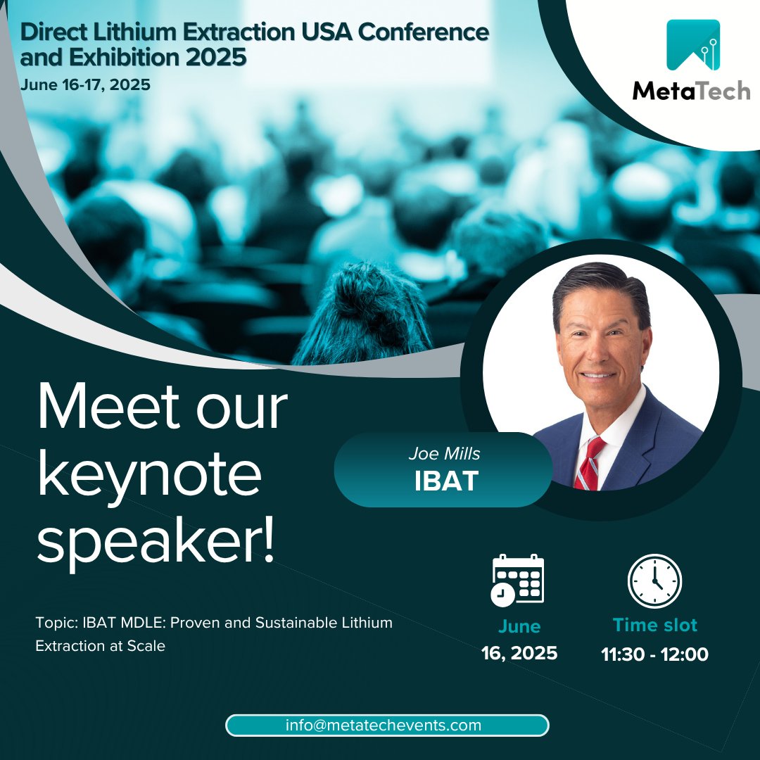 Excited to welcome Joseph Mills, CEO &amp; veteran energy executive of <a href="/metals_battery/">International Battery Metals, Ltd.</a>, as a speaker at the #DLEUSA2025!
📍 June 16–17 | Houston
🔗 directlithiumextractionusa.com/delegate_packa…
#LithiumExtraction #EnergyLeadership