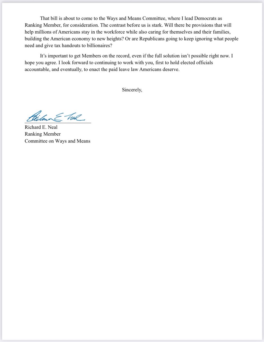 Inside the drafting of a Democratic tax amendment: After W&amp;M Republicans released the first draft of their legislation Friday, Neal sent a letter to paid leave advocates, shared with me, promising “to continue to work with you…to enact the paid leave law Americans deserve” (1/3)