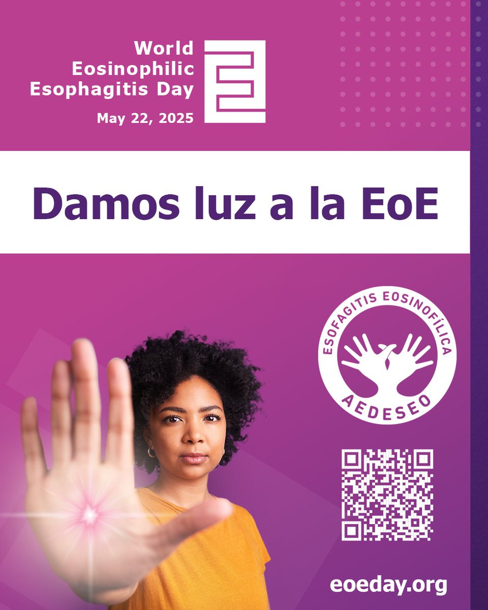 Sociedad_SEMI's tweet image. 📢#EoEday #DíaMundialEoE | Hoy, 22 de mayo de 2025, se conmemora por primera vez el Día Mundial de la Esofagitis Eosinofílica (EoE).
👉Impulsado por @aedeseo, la @gaapporg y @EUREOS_EoE, este día nace con la voluntad de unir a pacientes y profesionales sanitarios en torno a una…