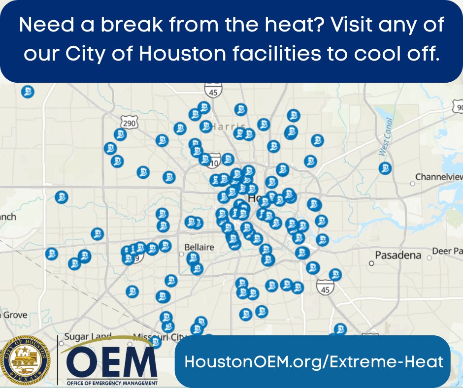 High temperatures expected today in Houston. 🔥 Remember:
✅ Take breaks in A/C
✅ Stay hydrated
✅ NEVER leave kids, seniors, or pets in cars
✅ Know the signs of heat illness
Cooling center info &amp; safety tips available here👉 houstonoem.org/extreme-heat