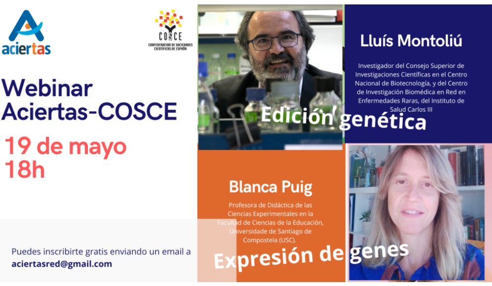 SEBP (@newssebp) on Twitter photo 📌Webinar sobre edición genética y expresión de genes, con Blanca Puig y Lluís Montoliu.
📅19 de Mayo a las 18h.
✉️Es necesario inscribirse enviando un mail a aciertasred@gmail.com 📌Webinar sobre edición genética y expresión de genes, con Blanca Puig y Lluís Montoliu.
📅19 de Mayo a las 18h.
✉️Es necesario inscribirse enviando un mail a aciertasred@gmail.com