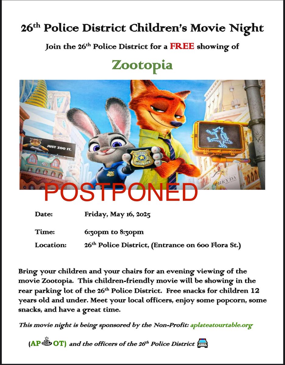 PPD26Dist's tweet image. Due to the predicted weather, the 26th District Children’s Movie night is postponed until further notice.