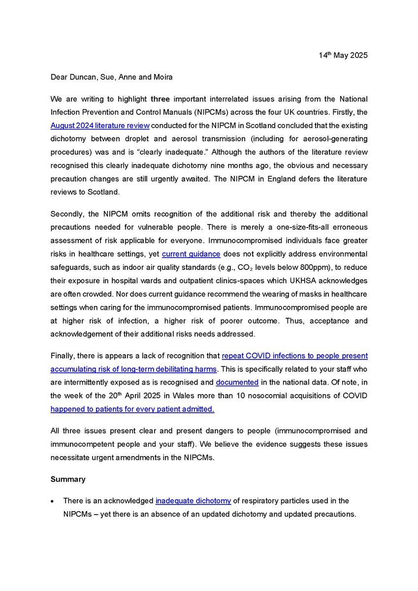 alitwy's tweet image. Given the number of posts on X this week discussing hospital acquired infections among immunocompromised people, @EvonneTCurran and have written to the 4 UK CNOs expressing our concerns about three aspects of the NICPMs. @Duncan_CNO @CNOScotland @CNO_NI @CNOWales.