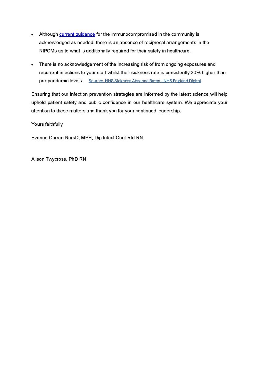 alitwy's tweet image. Given the number of posts on X this week discussing hospital acquired infections among immunocompromised people, @EvonneTCurran and have written to the 4 UK CNOs expressing our concerns about three aspects of the NICPMs. @Duncan_CNO @CNOScotland @CNO_NI @CNOWales.