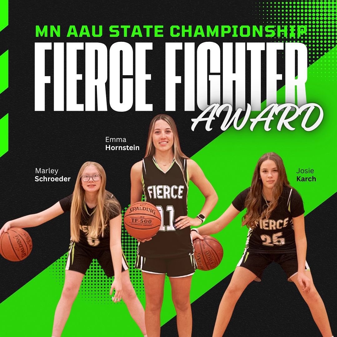 The fourth tournament was the MN State Championship and the Fierce Fighter Awards went to:

17U Team
Emma Hornstein (Wahpeton ‘26)

15U Team 
Josie Karch (WF Sheyenne ‘28)

14U Team 
Marley Schroeder (Sacred Heart ‘29)

Great job girls! Go Fierce!
🖤🖤🏀💚💚🏀🖤🖤

#fmfierce