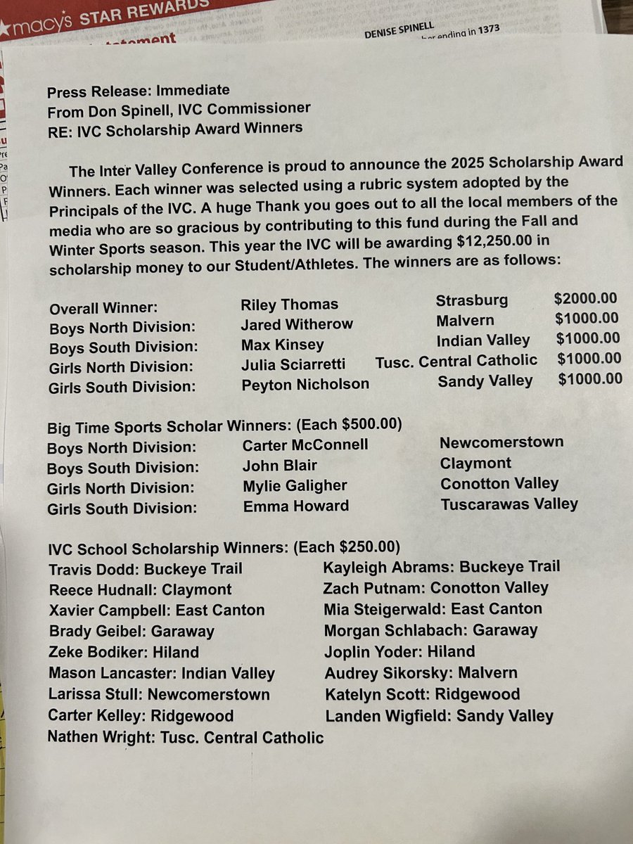 The Inter Valley Conference is proud to announce the 26 Scholarship Award winners for 24-25. This year we are giving away an all time record of $12,250.00 to deserving Senior Student/Athletes. This is due to our partnership with the local media who broadcast our games!
