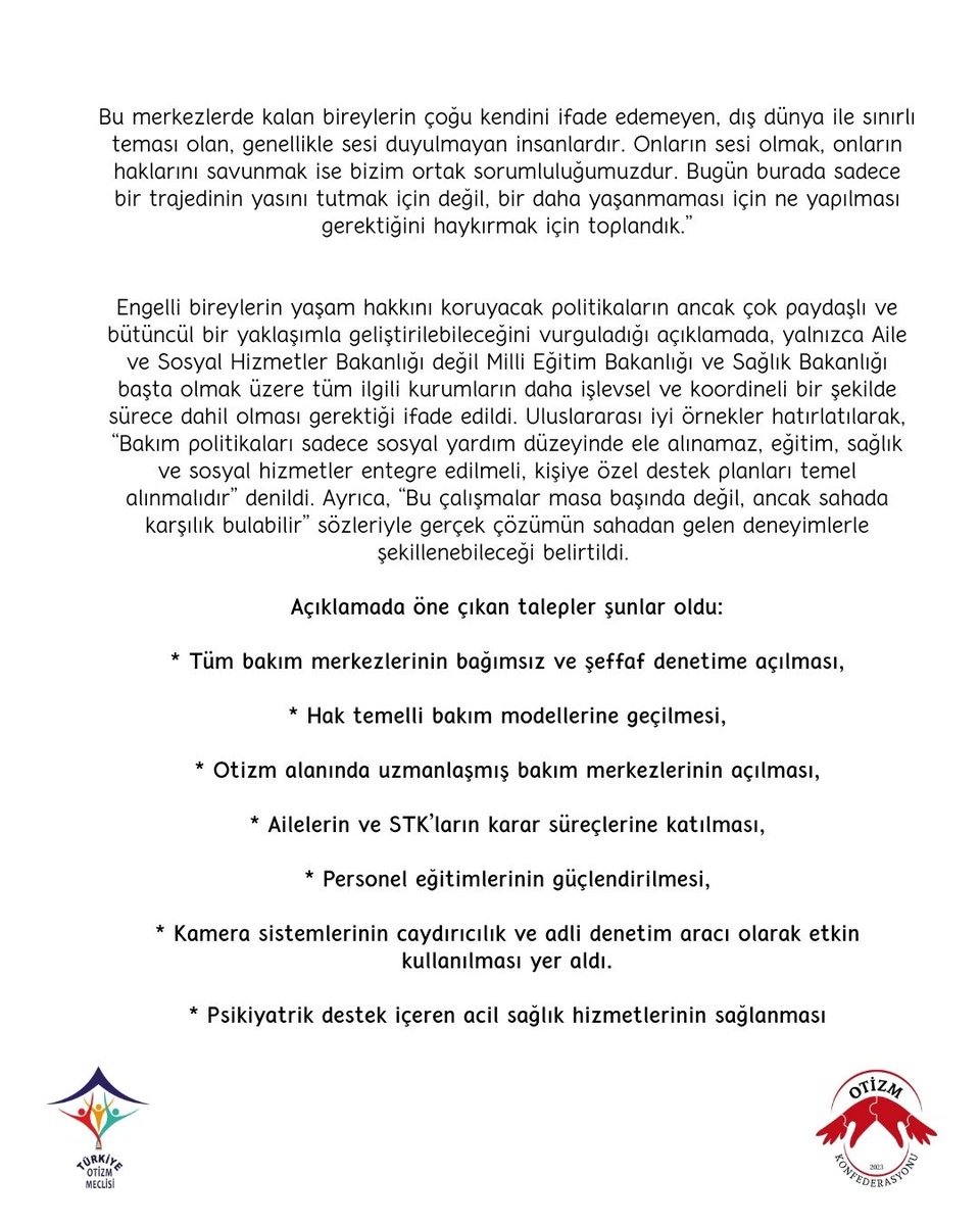 OTİZM BAKIM MERKEZLERİNDE HAK TEMELLİ BAKIM REFORMU ÇAĞRISI

BASININ VE KAMUOYUNUN DİKKATİNE