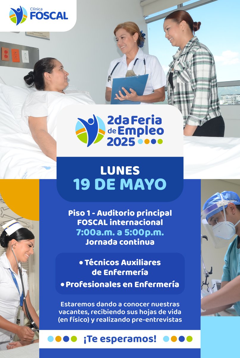 ¡Prepárate! Este 19 de mayo llega la segunda Feria de Empleo FOSCAL 2025. Una jornada pensada para ti, que buscas crecer, conectar y ser parte de una institución líder en salud. 
¡FOSCAL te abre las puertas! 🙌
Clínica FOSCAL - Inspirados por la vida 💙
#Salud #FOSCAL #Santander