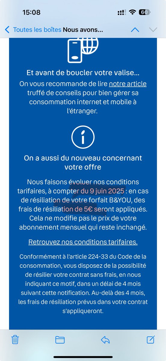 DupondMarcel3's tweet photo. @bouyguestelecom dites vous exagérez pas un peu ? Les frais de résiliation sont à partir de juin. On est en mai et j’ai été facturé  plus cher que les 5€….et c’est même pas une résiliation mais un transfert bravo 🎉…on m’y reprendra plus à souscrire chez des #arnaqueurs https://t.co/tUKsLFkISR