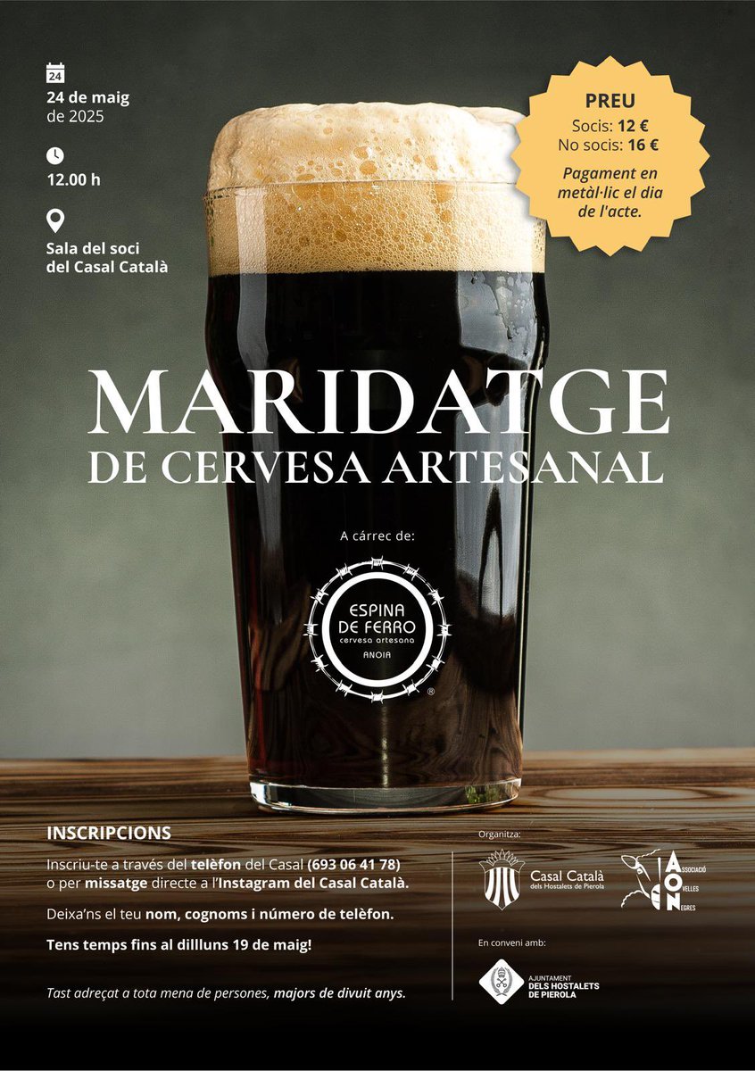 Dissabte 24 de maig celebrarem la festa de la cervesa! 🥳 Amb els Ovelles Negres i la cervesera Espina de Ferro organitzarem un tast-maridatge de 6 cerveses i tapes, algunes d'elles elaborades localment 🙌🏻✨
L'últim dia per apuntar-vos es el dilluns 19 de maig. No us ho perdeu!🍻