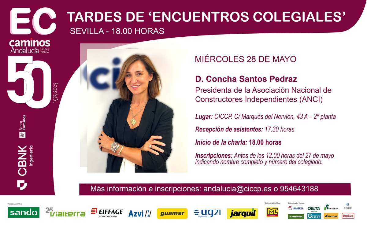 CICCP Andalucia (@ciccpdemandaluc) on Twitter photo Encuentro con la presidenta de la Asociación Nacional de Constructores Independientes (ANCI)
🗓️ 28 de mayo
📌Oficina del CICCP. C/ Marqués del Nervión, 43 A – 2ª planta
⏰18.00 horas
SRC: en andalucia@ciccp.es
Más información: llamando al 954643188
caminosandalucia.es/agenda/tardes-… Encuentro con la presidenta de la Asociación Nacional de Constructores Independientes (ANCI)
🗓️ 28 de mayo
📌Oficina del CICCP. C/ Marqués del Nervión, 43 A – 2ª planta
⏰18.00 horas
SRC: en andalucia@ciccp.es
Más información: llamando al 954643188
caminosandalucia.es/agenda/tardes-…