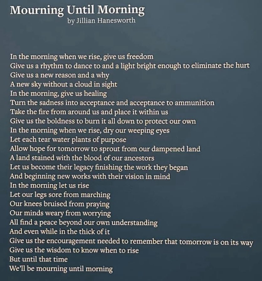 SocJustice_poet's tweet image. The following morning inspired this poem. What our community, and the families of the victims experienced that day was heavy and dark but the next morning still came. We still get the chance to challenge the systems as we build a world worth lasting through the night.