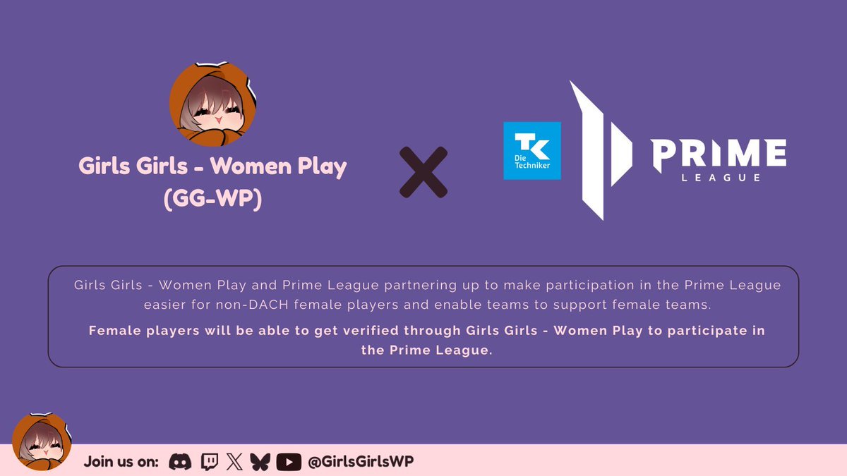 [OFFICIAL] Female players will be able to participate in the Prime League without residency issues if they are verified through Girls Girls - Women Play.

GG-WP and the Prime League are partnering to facilitate the participation of non-DACH women.
<a href="/holysquad_fr/">HOLY Squad France®</a>