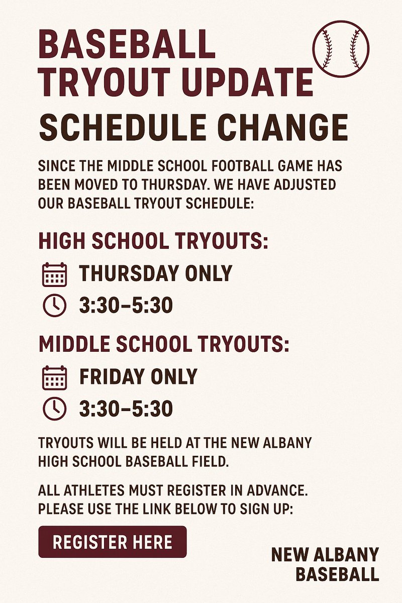 ⚾️ New Albany Baseball Tryout Update ⚾️

📅 HS Tryouts: Thursday ONLY | 3:30–5:30 PM
📅 MS Tryouts: Friday ONLY | 3:30–5:30 PM

📍 New Albany HS Field

🔗 Register: docs.google.com/forms/d/e/1FAI…