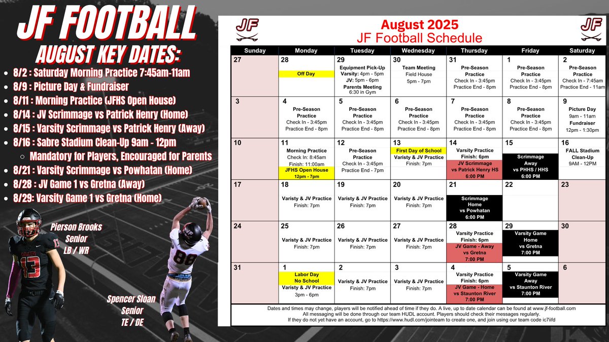 Football Season is fast approaching! Here is our schedule from now through the beginning of the season, along with some key dates to know for the Summer / Fall.
Dates and times are subject to change.