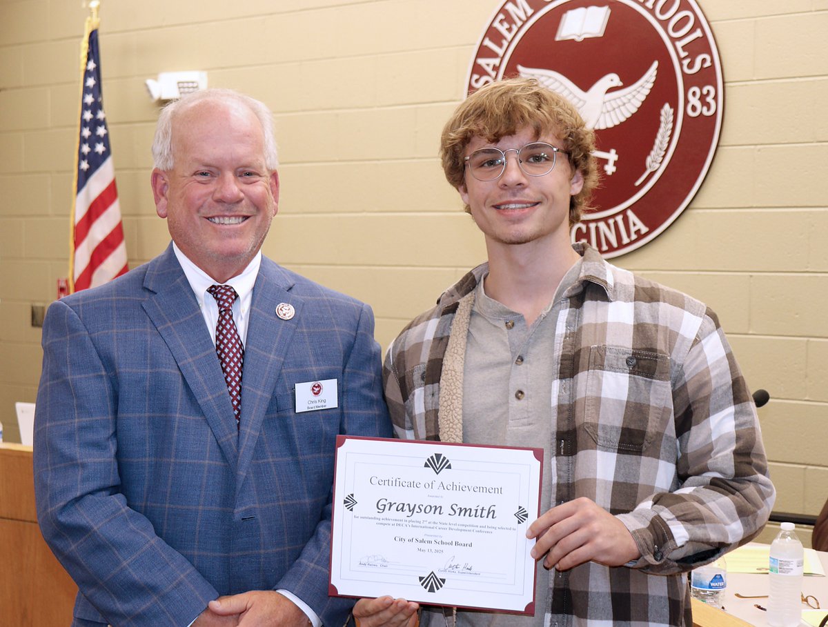 School Board members in #SalemVA recognized and students Grayson Smith, Myah Crews, Kimber Boris and Lilly Conner and DECA advisor Kris Harless for their achievements with the school-based store "Spartan Spirit" that has achieved gold-level certification. <a href="/SalemSpartans/">Salem High School</a>