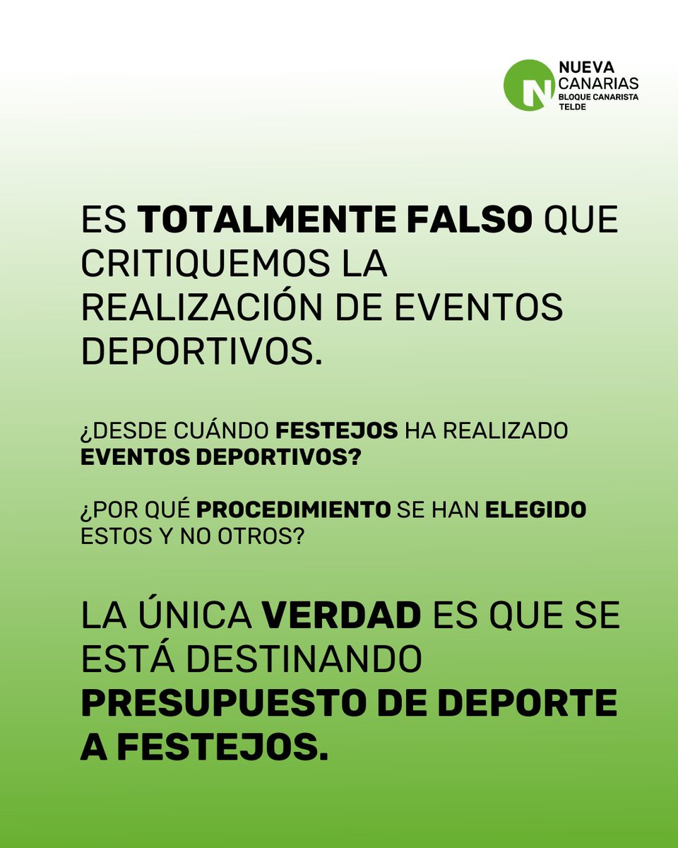 🎭 ¿Deportes o Festejos? El alcalde lo tiene claro: ¡FIESTAS! 🥳

💸 109.000€ menos para Deportes.
🎉 109.000€ más para Festejos.

📢 Desde Nueva Canarias Telde denunciamos públicamente esta forma de gobernar basada en la improvisación y el espectáculo.