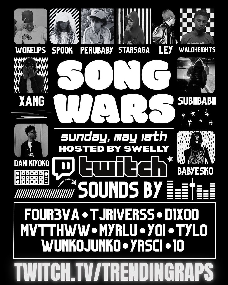 🎤 SONG WARS 🎤

SUNDAY 5PM EST

PERUBABY X YOI
WOKEUPS X WUNKOJUNKO
SPOOK X FOUR3VA
LEY X TYLO
STARSAGA X MYRLU
SUBIIBABII X D1XOO
XANG X YRSCI
DANI KIYOKO X MVTTHWW
WALOHEIGHTS X 1O
BABYESKO X TJRIVERSS