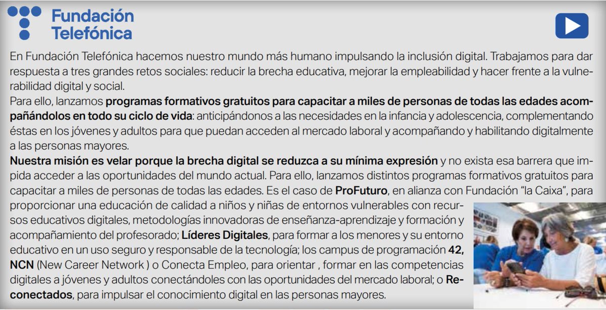 Corresponsables (@corresponsables) on Twitter photo 📖 Descubre algunas de las buenas prácticas de #ESG de <a href="/fundacionTef/">Fundación Telefónica</a> en el #20AnuarioCorresponsables 👉 f.mtr.cool/vkzrezkqoa
🧑🤝🧑 S – #Social
🌐 Desde Fundación Telefónica impulsan un mundo más humano a través de la #inclusiónDigital, abordando tres grandes #retosSociales: 📖 Descubre algunas de las buenas prácticas de #ESG de <a href="/fundacionTef/">Fundación Telefónica</a> en el #20AnuarioCorresponsables 👉 f.mtr.cool/vkzrezkqoa
🧑🤝🧑 S – #Social
🌐 Desde Fundación Telefónica impulsan un mundo más humano a través de la #inclusiónDigital, abordando tres grandes #retosSociales: