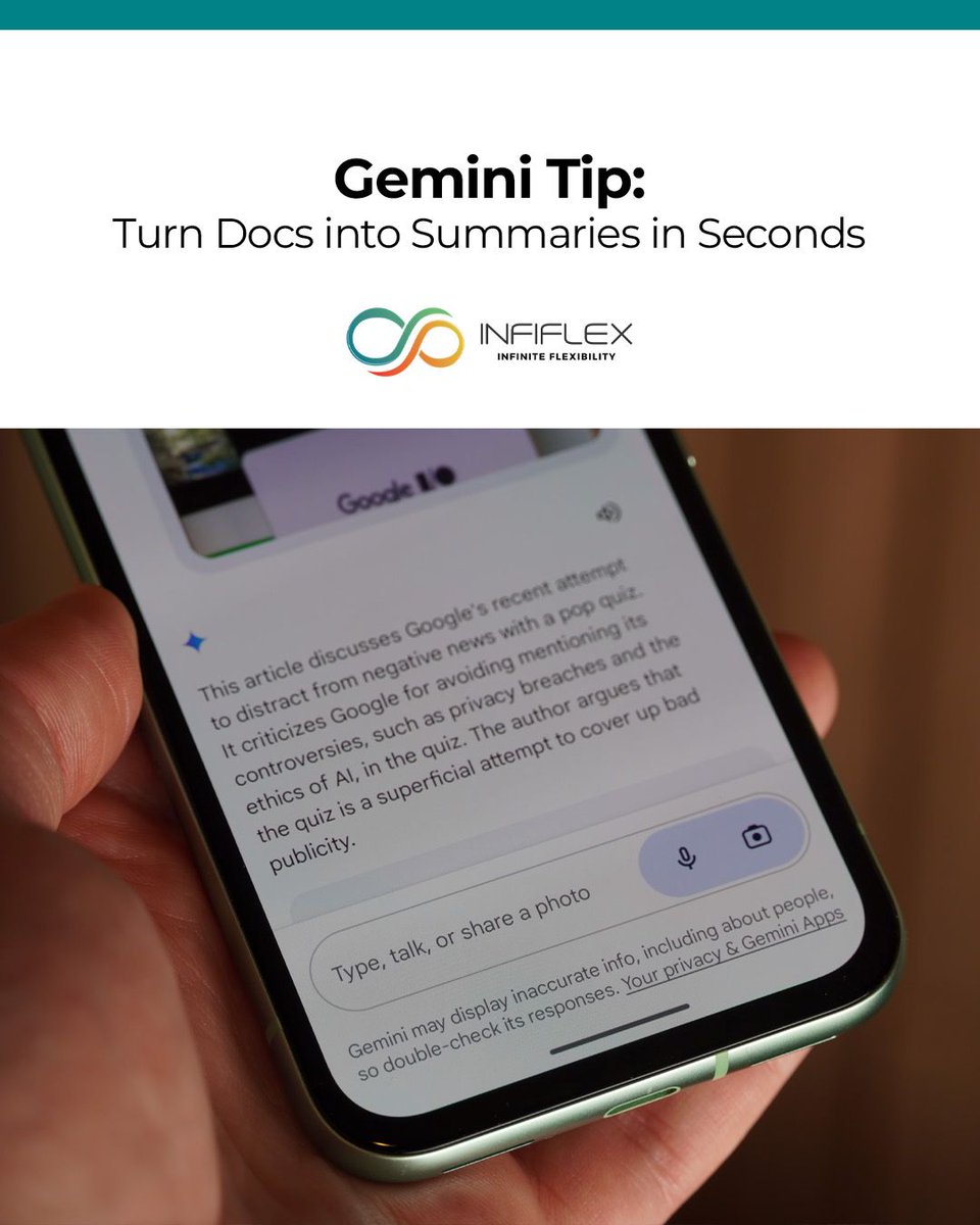 InfiflexINC's tweet image. Use Gemini to break down long reports, emails, and spreadsheets.
It’s not magic — it’s AI built right into Google Workspace.
Ask us how to activate Gemini today.
infiflex.com/ai
#GeminiAI #AIProductivity #GoogleWorkspaceTips #InfiflexAI