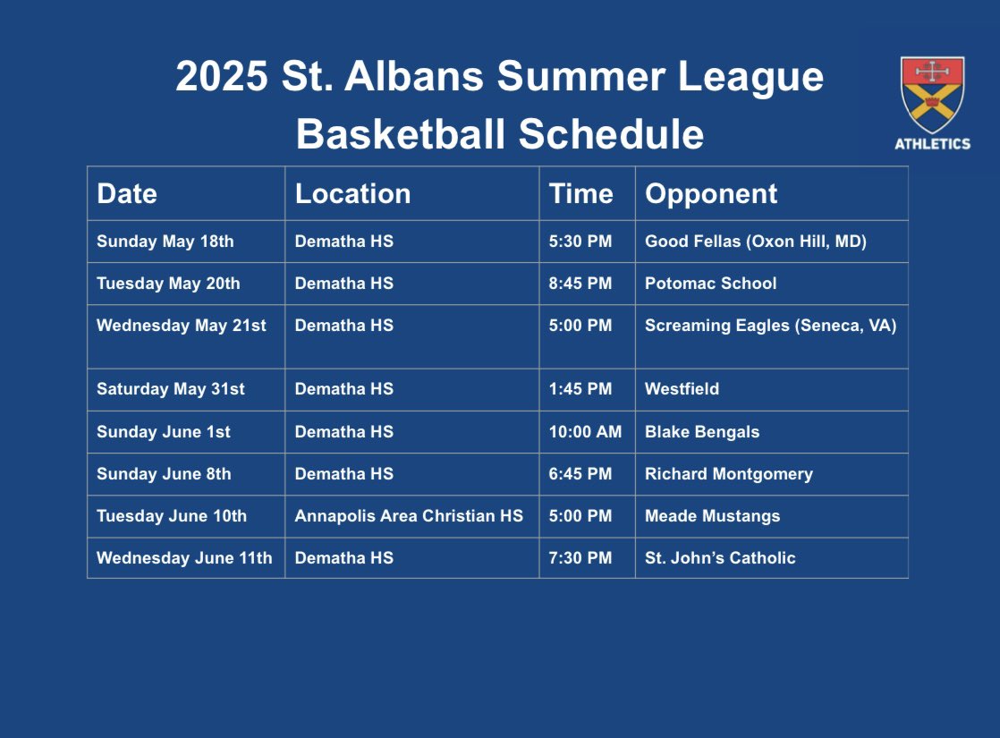 Our upcoming Summer League schedule with games being played at Dematha and Annapolis Area Christian!