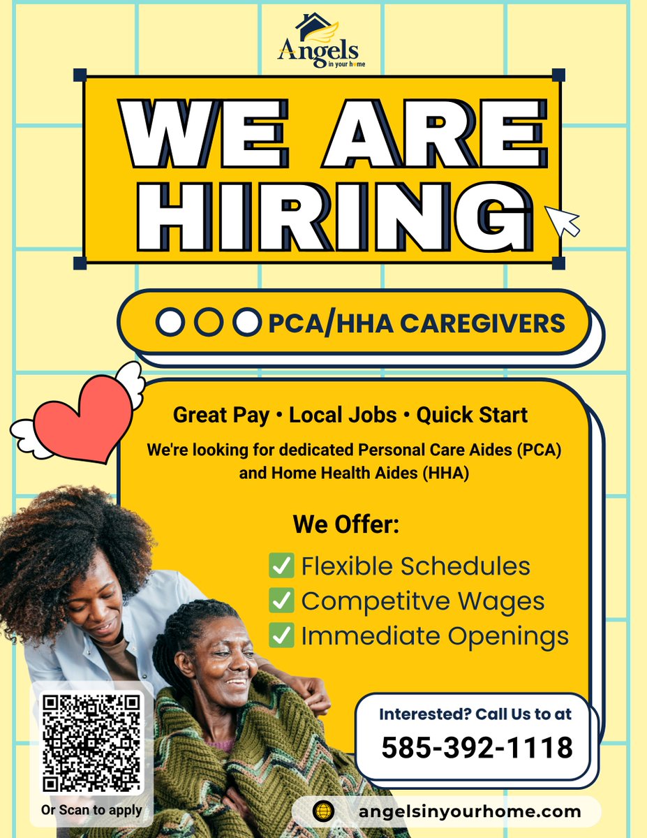 AngelsInUrHome's tweet image. We’re hiring PCA/HHA caregivers in Rochester, NY!
💼 Weekly Pay | 🕐 Flexible Hours | 📍 Local Clients
Join Angels In Your Home &amp;amp; start making a difference today!
📞 585-392-1118
📲 Apply: forms.office.com/r/dXigSMMmvR
#NowHiring #CaregiverJobs #RochesterNY