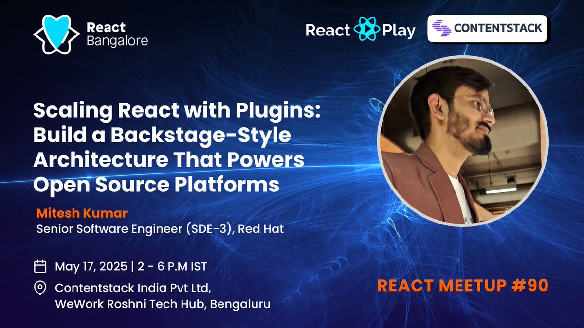 React Bangalore (@reactbangalore) on Twitter photo Join our React meetup at <a href="/Contentstack/">Contentstack</a> on May 17th, where Mitesh Kumar will explore building React apps with plugin-based architecture to enable high modularity, team autonomy, and runtime extensibility.
Register now!
meetup.com/reactjs-bangal… Join our React meetup at <a href="/Contentstack/">Contentstack</a> on May 17th, where Mitesh Kumar will explore building React apps with plugin-based architecture to enable high modularity, team autonomy, and runtime extensibility.
Register now!
meetup.com/reactjs-bangal…