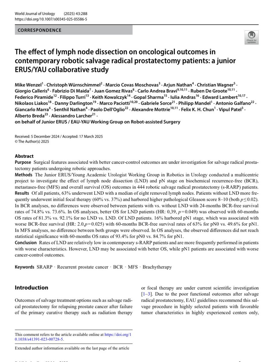 The effect of lymph node dissection on oncological outcomes in contemporary robotic salvage radical prostatectomy patients

Purpose

To evaluate the impact of lymph node dissection (LND) on oncological outcomes—biochemical recurrence-free survival (BCR), metastasis-free survival