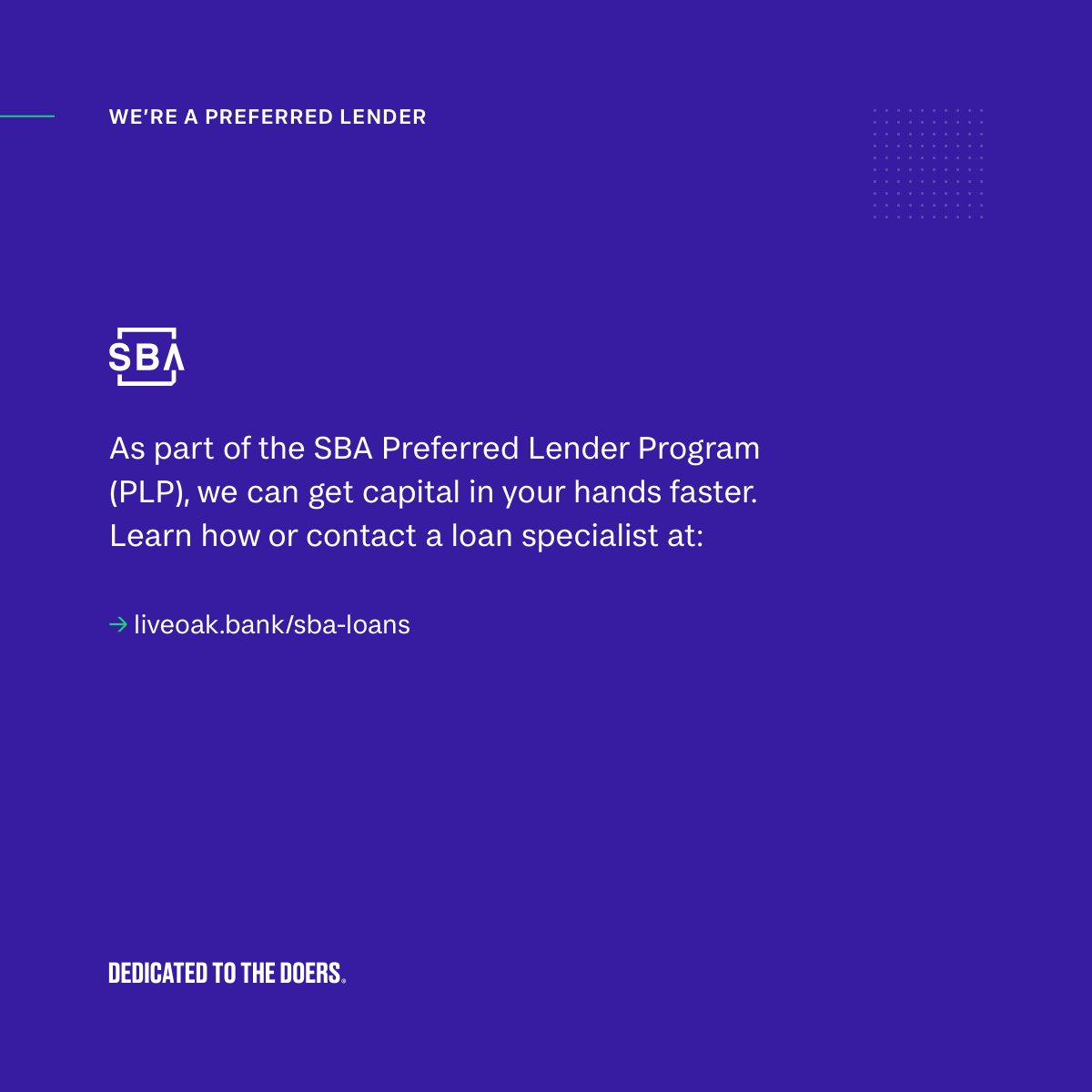 Time is money for your small business ⏰ The SBA's Preferred Lender Program is designed to expedite the SBA loan process. As part of the PLP program, Live Oak is ready to help get capital in small business owner’s hands fast. Get started: bit.ly/42U9Dab

Member FDIC.