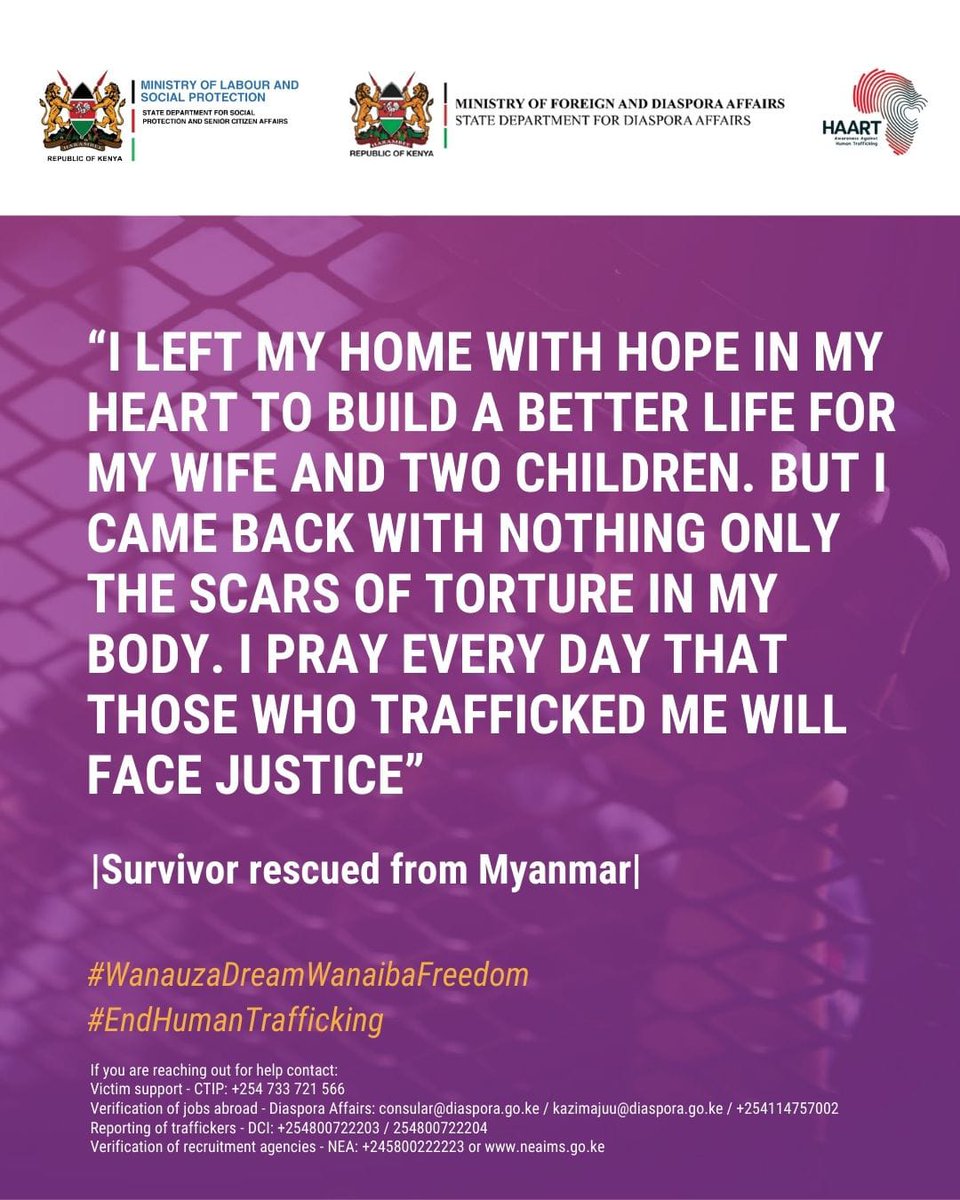 “I left home with hope… but came back with scars.”
A survivor’s story from Myanmar reminds us: trafficking destroys lives.
We must do better.

#WanauzaDreamWanaibaFreedom #HAARTKenya #HumanTraffickingAwareness